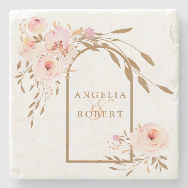 Romantische Aquarellfarben Rosa Blush Gold Rose Steinuntersetzer (Vorderseite)
