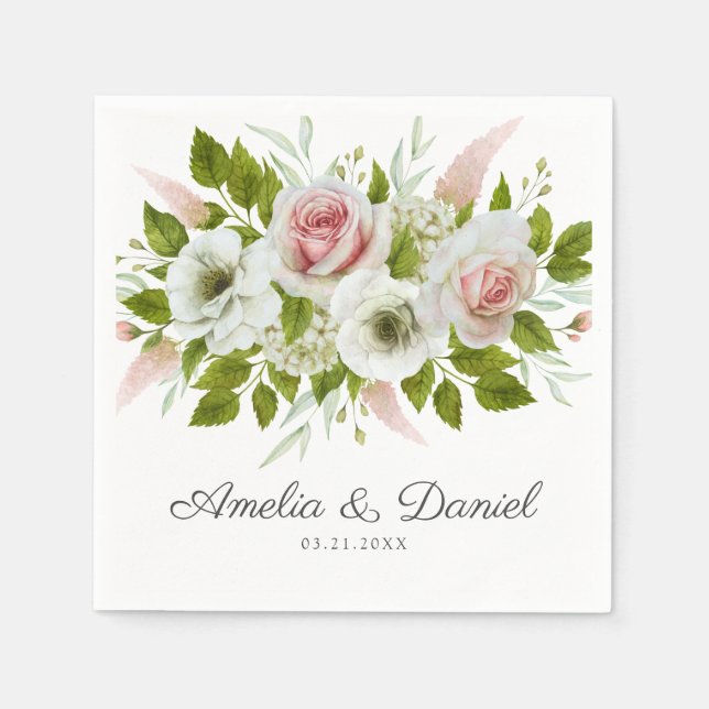 Romantische Aquarellfarben-Rose Blumenhochzeit Nap Serviette (Vorderseite)