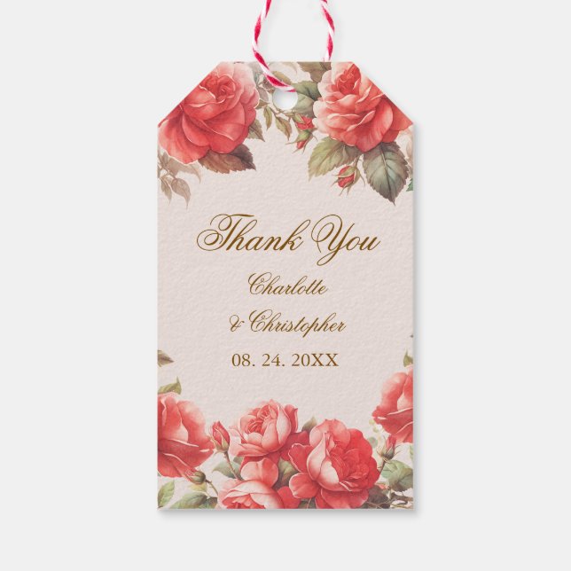 Romantische Aquarellfarben-Rote Rosen Blumenhochze Geschenkanhänger (Rückseite)