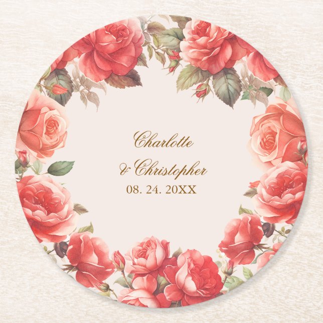 Romantische Aquarellfarben-Rote Rosen Blumenhochze Runder Pappuntersetzer (Vorderseite)