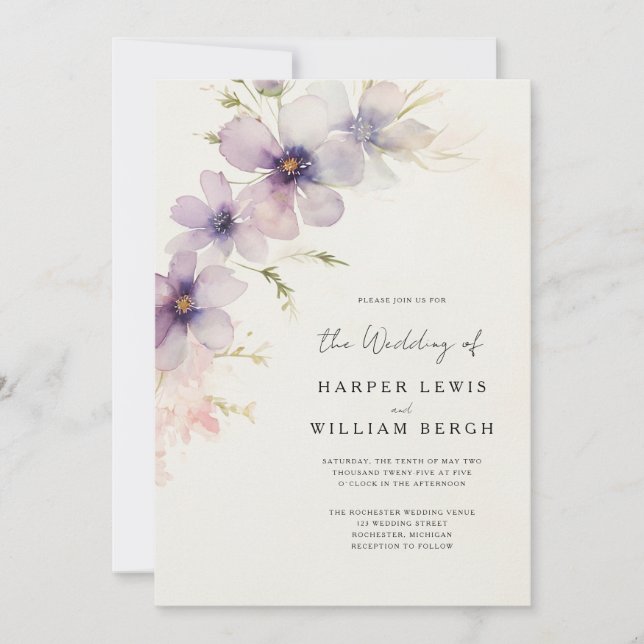 Romantische Aquarellkosmos Blume qr Hochzeit Einladung (Vorderseite)