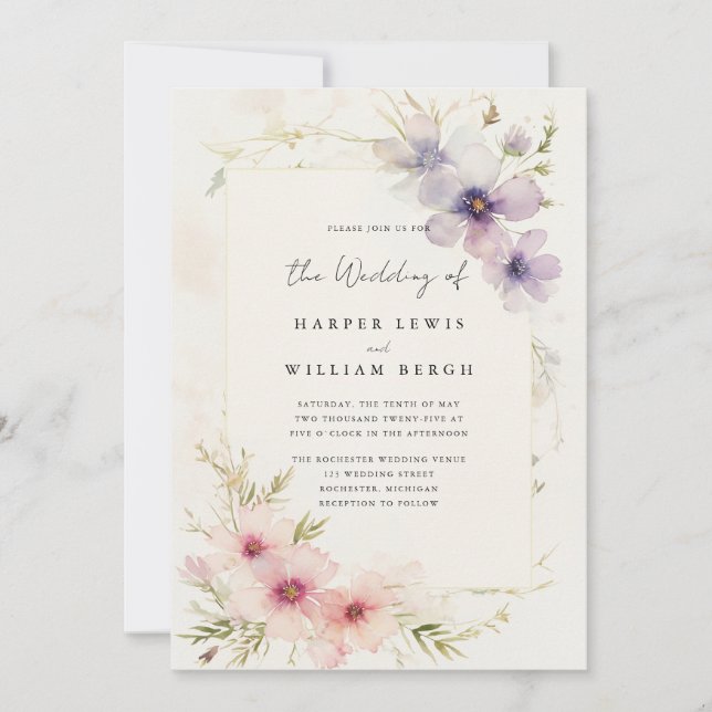 Romantische Aquarellkosmos Blume qr Hochzeit Einladung (Vorderseite)