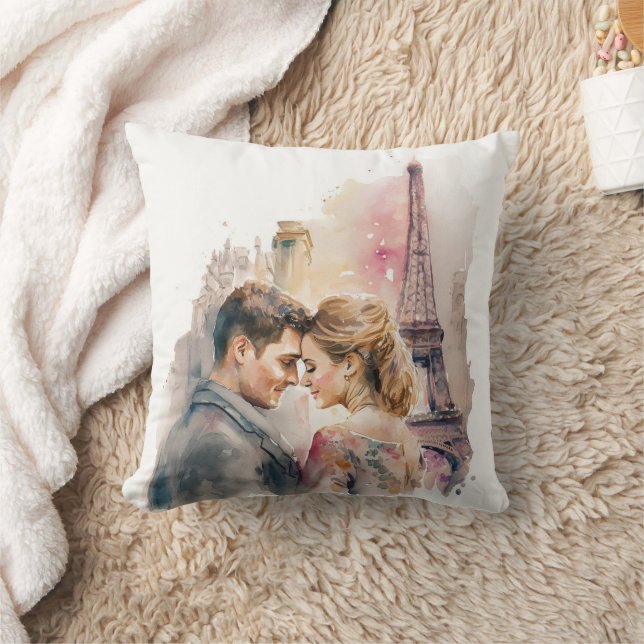 Romantische Aquarellpaare in Paris Kissen (Decke)