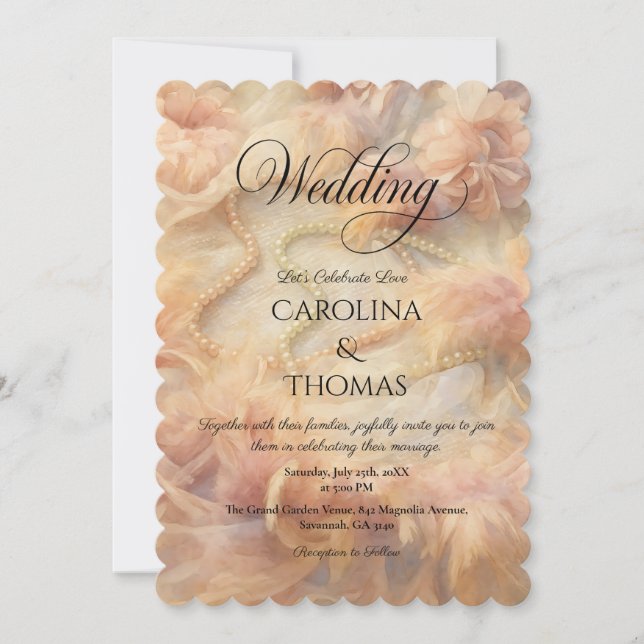 Romantische Aquarellpearls Feathers Wedding Einladung (Vorderseite)