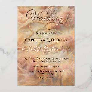 Romantische Aquarellpearls Feathers Wedding Folieneinladung