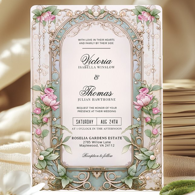 Romantische Art Nouveau Pink Peony Hochzeit Einlad Einladung (Von Creator hochgeladen)