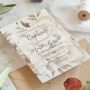 Romantische beige Peonies Vintage Girl-Taufe Einladung