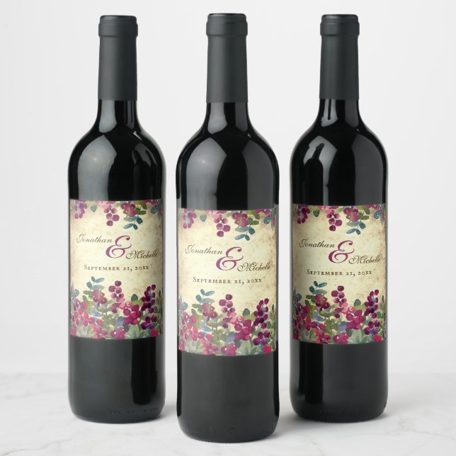 Romantische Berries und Grüngarten Hochzeit Weinetikett (Flaschen)