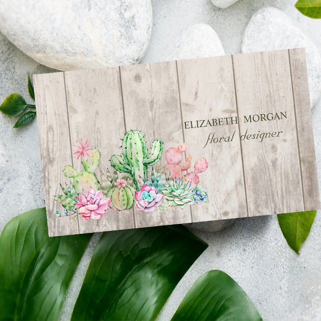 Romantische Berufliche Kakteen, Blume, Holztextur Visitenkarte (Von Creator hochgeladen)