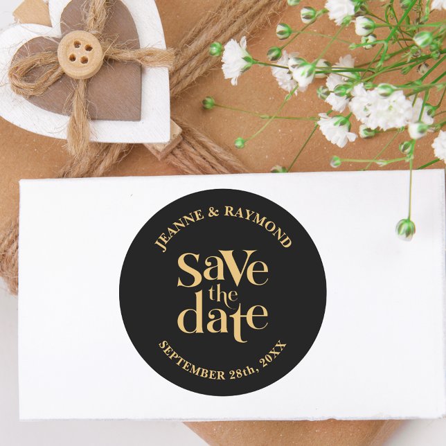 Romantische Black Gold Custom Save the Date Hochze Runder Aufkleber (Von Creator hochgeladen)