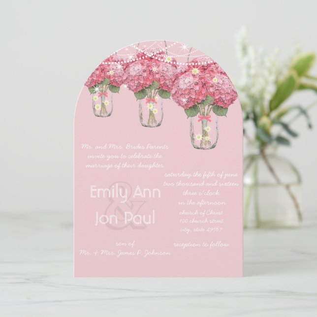 Romantische blassrosa Mason Jar Firefly Hochzeit Einladung (Stehend Vorderseite)