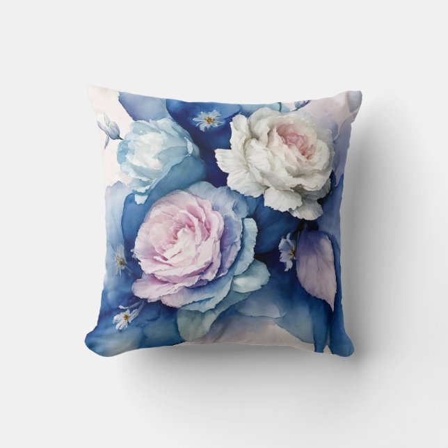 Romantische Blau- und Wasserfarben-Rose Kissen (Vorderseite)
