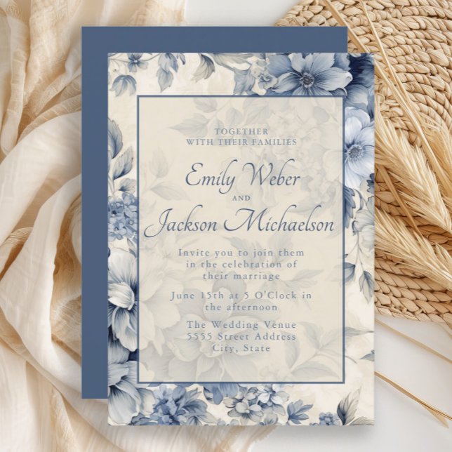 Romantische Blaucreme Vintage Blumenhochzeit Einladung (Elegant vintage blue and cream floral wedding invitation)
