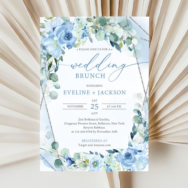 Romantische blaue Blumen & Eukalyptus Hochzeitsbru Einladung (modern watercolor blue flowers mixed eucalyptus greenery and siver frame wedding brunch invitation )