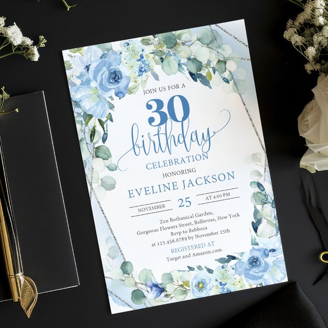 Romantische blaue Blumen Eukalyptus und Silber 30. Einladung (30th birthday invitation with watercolor blue flowers eucalyptus and silver frame)