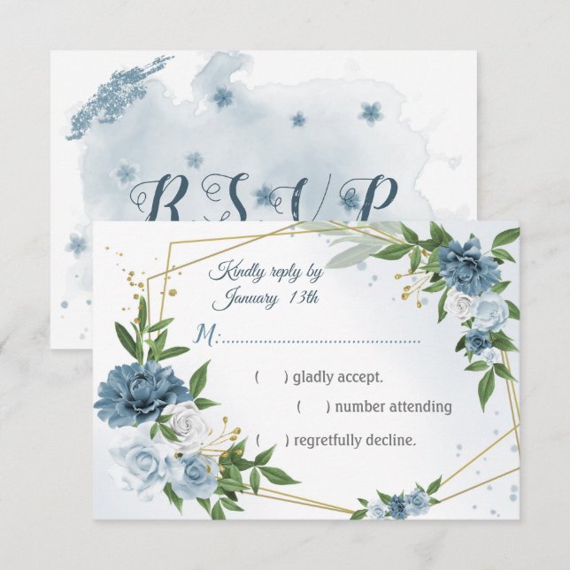 romantische blaue Blumen grün geometrisch RSVP Karte (Vorne/Hinten)