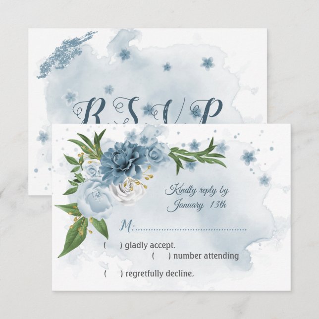 romantische blaue Blumen Grünpflanzen botanisch RSVP Karte (Vorne/Hinten)