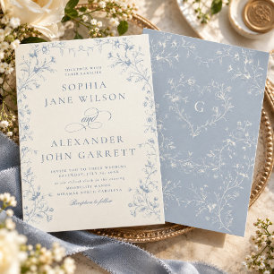 Romantische blaue Blumen-Monogramm-Hochzeit Einladung