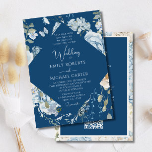 Romantische blaue Blüten in einem QR-Code Hochzeit Einladung