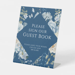 Romantische blaue Flora Wedding Sign Unser Gästebu Sockelschild