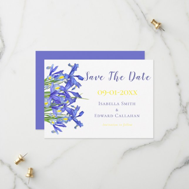 Romantische blaue Irische Blumenzwiebeln Save The Date (Vorderseite/Rückseite Beispiel)