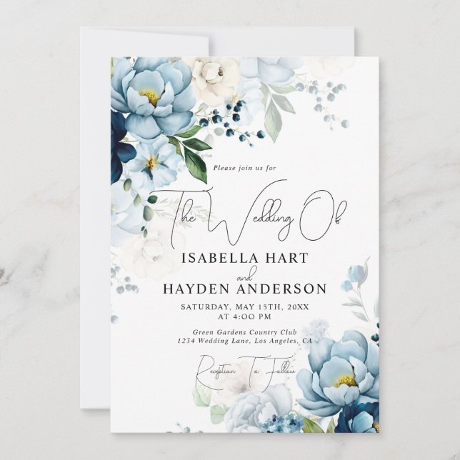 Romantische Blaue Navy Floral All in 1 QR Code Hoc Einladung (Vorderseite)