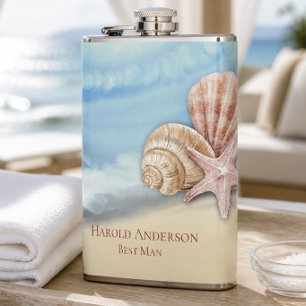 Romantische blaue Ozeanwelle & Muscheln Flachmann