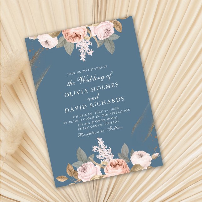 Romantische Blaue Ponys Einladung Hochzeitsfeiern (Romantic Blue Peonies Wedding Invitation on dry fan palm leaf.)