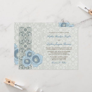 Romantische Blaue Rose Damask Highlights Hochzeit Einladung