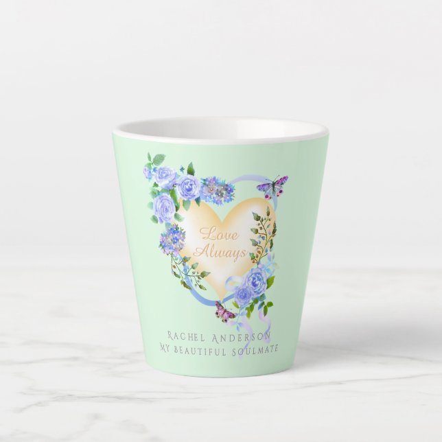 Romantische blaue Rose Liebe immer grün Latte Tass Milchtasse (Vorderseite)