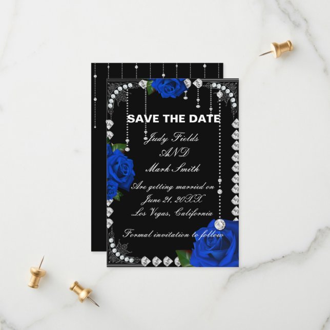 Romantische blaue Rose und Diamanten Save the Date (Vorderseite/Rückseite Beispiel)