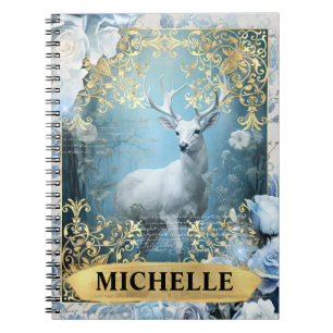 Romantische blaue Rosen und Hirsch-Fantasy Notizblock