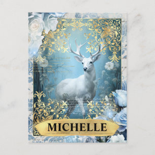 Romantische blaue Rosen und Hirsch-Fantasy Postkarte