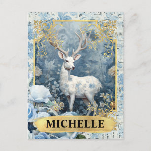 Romantische blaue Rosen und Hirsch-Fantasy Postkarte