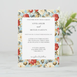 Romantische blaue rote cremige Rosen Blumenhochzei Einladung