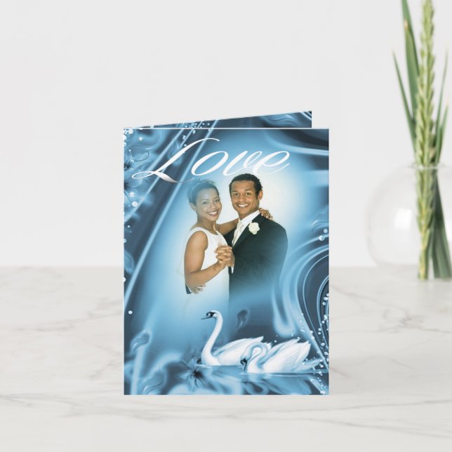 Romantische blaue Schwan-Liebe-Wedding Foto danken Dankeskarte (Vorderseite)