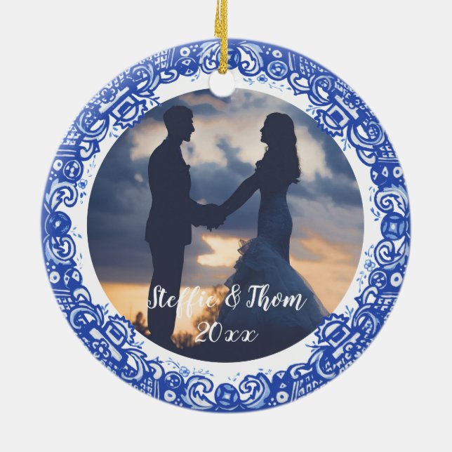 Romantische Blaue und Weiße Wildvögel Hochzeit von Keramik Ornament (Hinten)