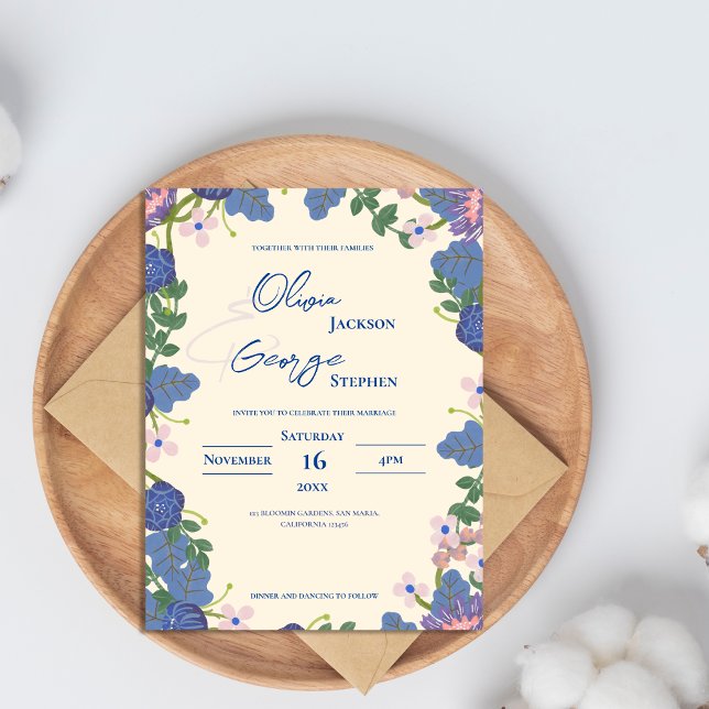 Romantische Blauer und Lila Blumenhochzeit Einladu Postkarte (Romantic Blue & Purple Floral Wedding Invitation Postcard)