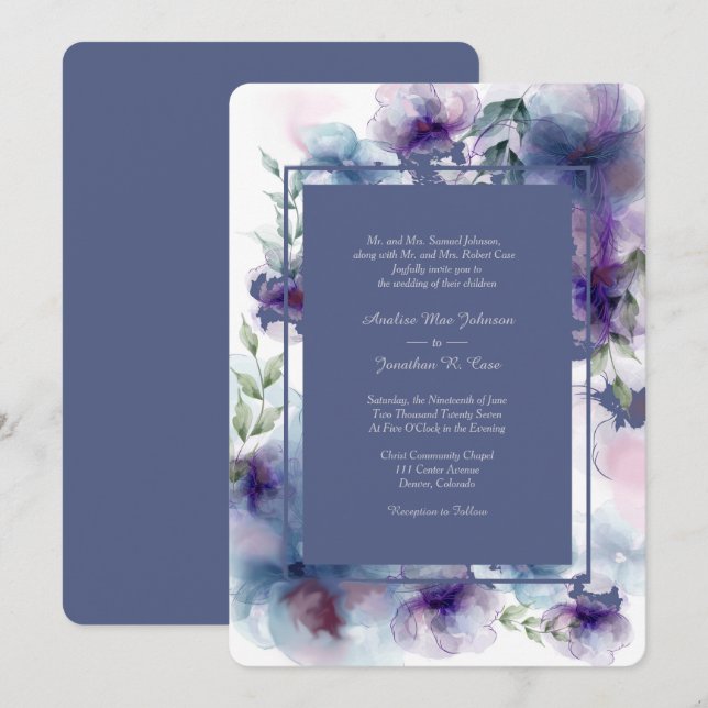 Romantische Blaufarbenflorale Hochzeit Einladung (Vorne/Hinten)