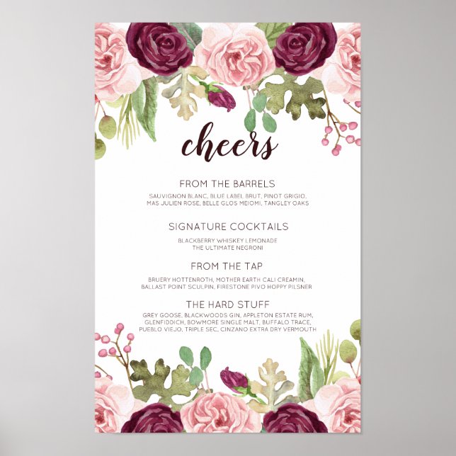 Romantische Blooms Wedding Bar Menu Poster (Vorne)