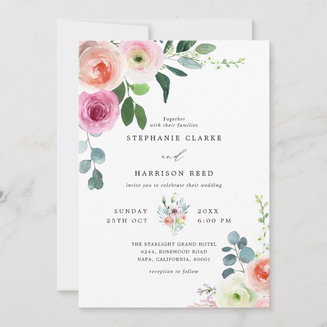 Romantische Blossom Blush Pink & White Floral Hoch Einladung (Vorderseite)