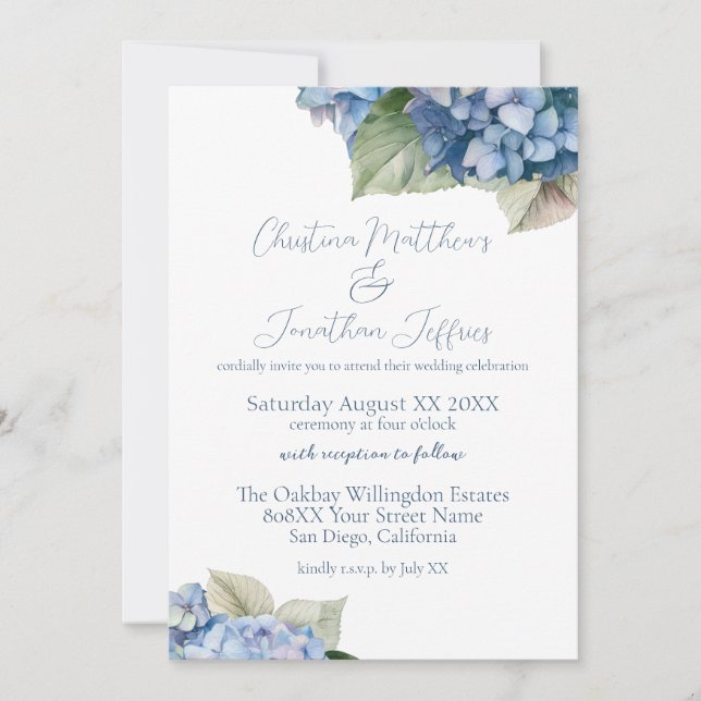 Romantische Blue Hydrangea Blume Einladung (Vorderseite)