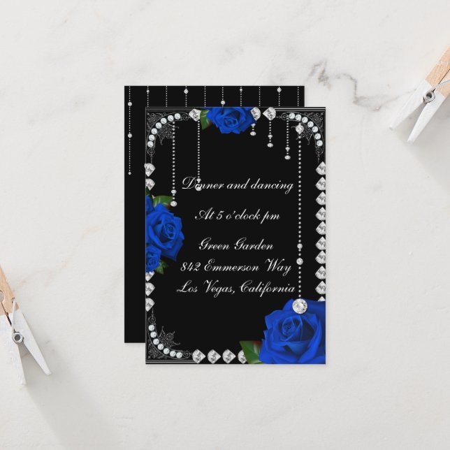 Romantische Blue Rose und Diamonds Empfang Card Einladung (Vorderseite/Rückseite Beispiel)
