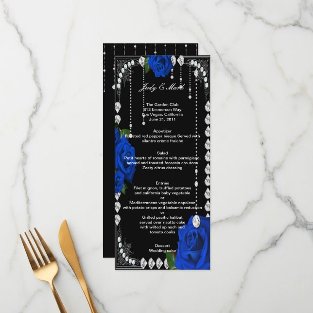 Romantische Blue Rose und Diamonds Wedding Menu Ca Menükarte (Vorderseite/Rückseite Beispiel)