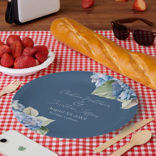 Romantische Blue Watercolor Hydrangea-Blume auf de Pappteller (Picknick)