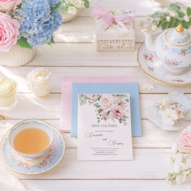 Romantische blühende Rose Save the Date Ankündigungspostkarte (Von Creator hochgeladen)