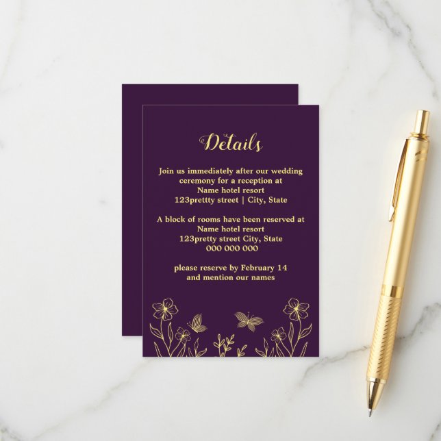 Romantische Blume aus Gold lila Hochzeit Begleitkarte (Vorderseite/Rückseite Beispiel)