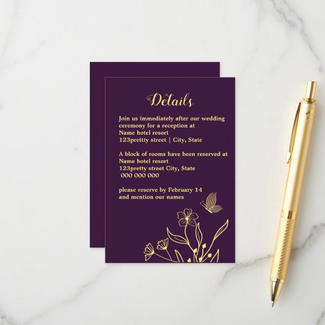 Romantische Blume aus Gold lila Hochzeit Begleitkarte (Vorderseite/Rückseite Beispiel)