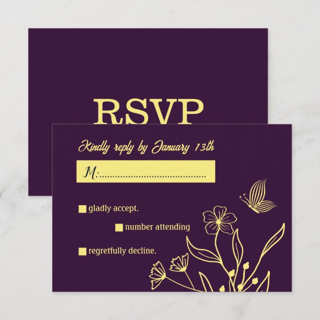 Romantische Blume aus Gold lila Hochzeit RSVP Karte (Vorne/Hinten)