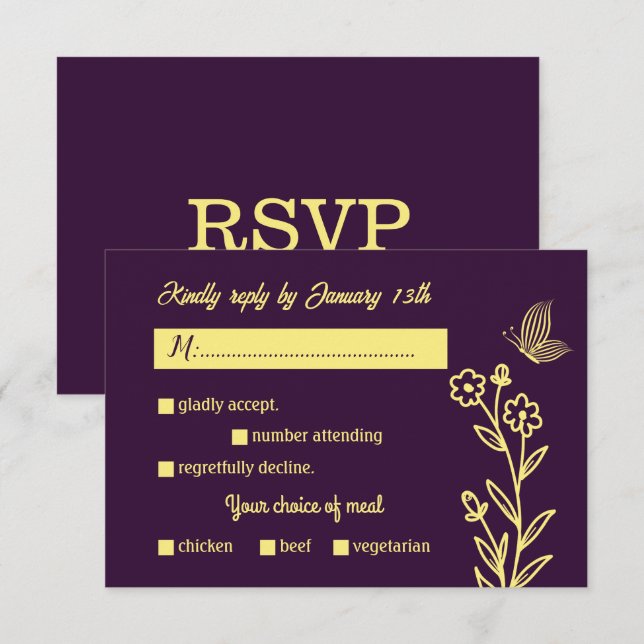 Romantische Blume aus Gold lila Hochzeit RSVP Karte (Vorne/Hinten)
